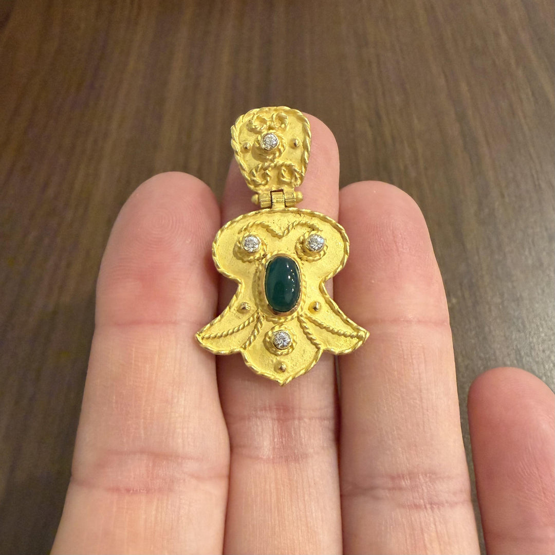 18k Yellow Gold 11g Cabochon Emerald and Diamond Heavy Vintage Pendant 1.5"