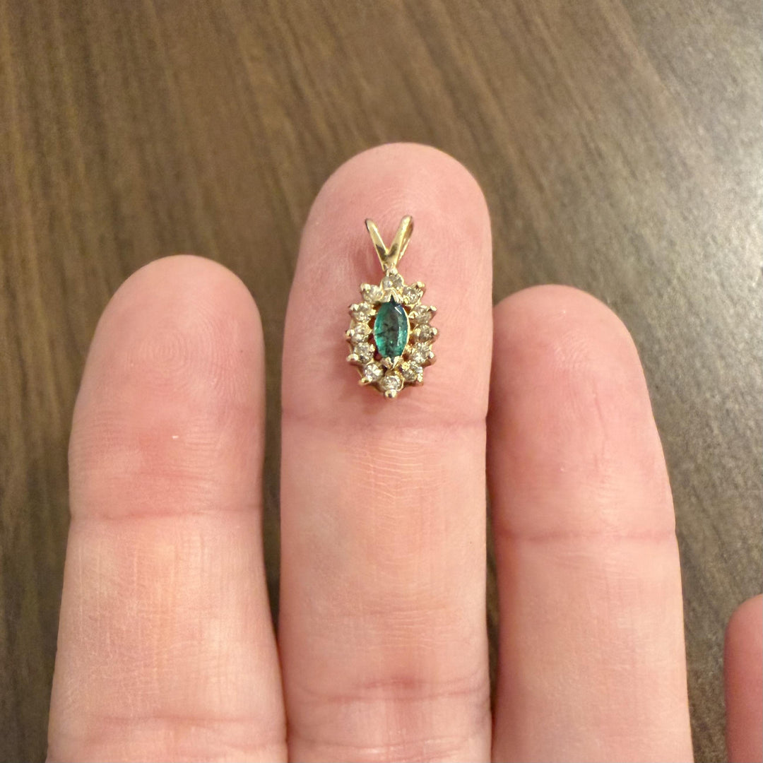 14k Yellow Gold Emerald and Diamond Halo Pendant