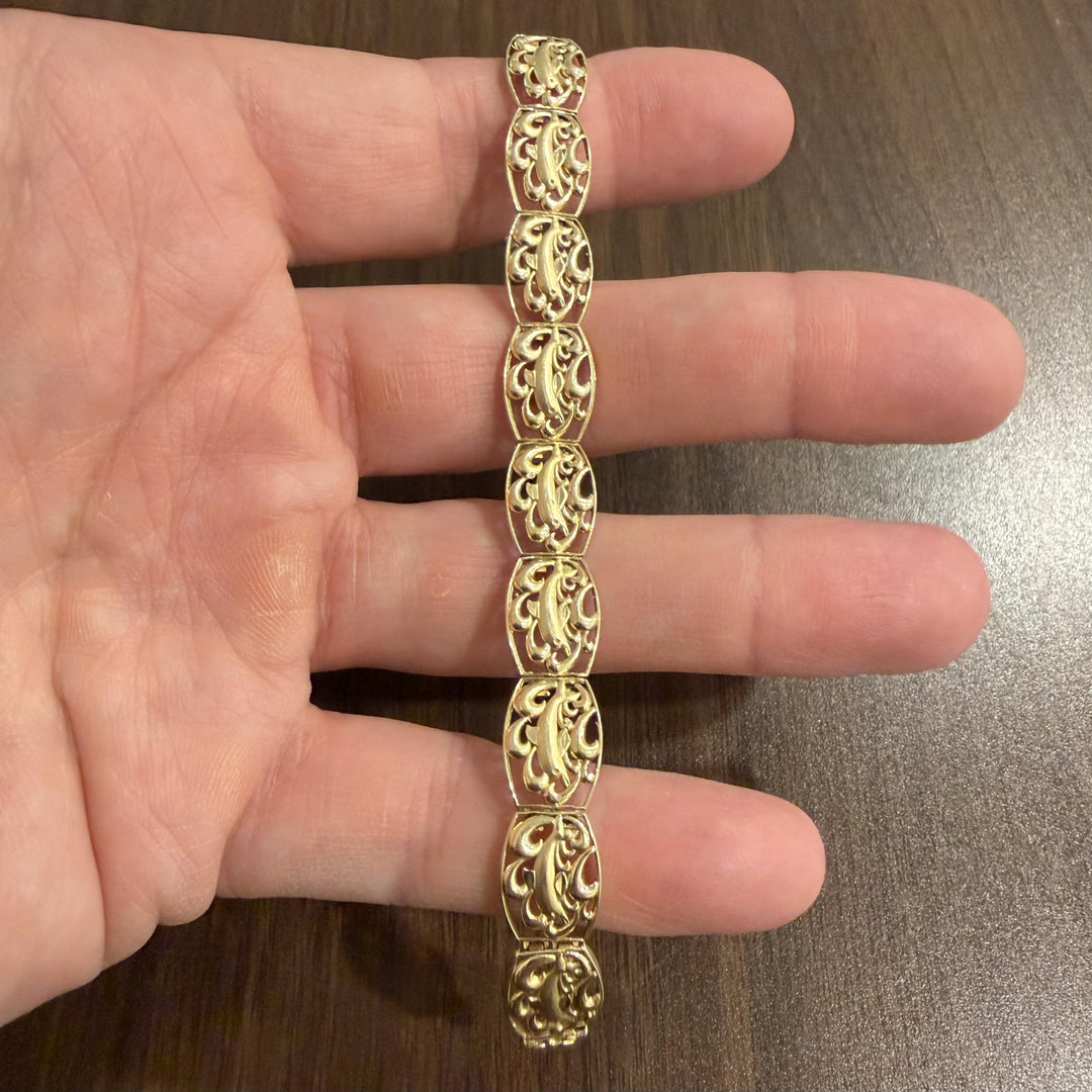 14k Yellow Gold 11g Solid Vintage 10mm Dolphin Panel Link Bracelet 7.25"