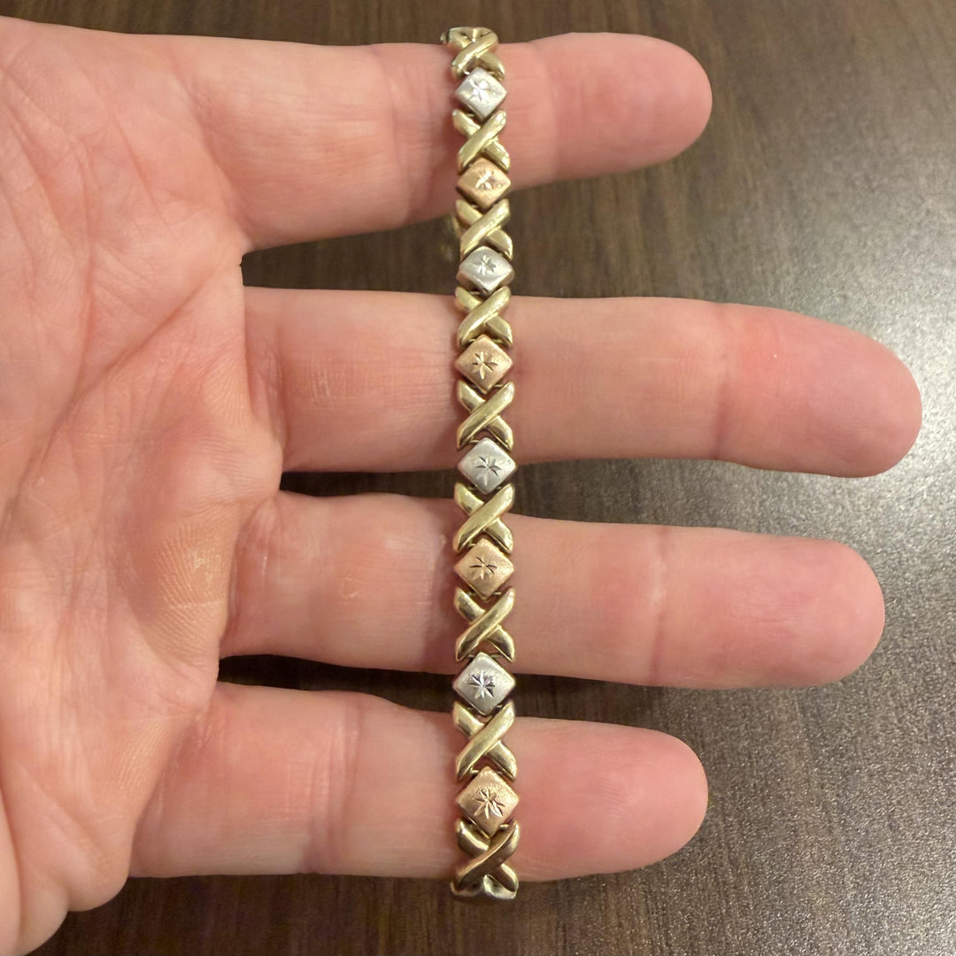 14k Yellow White and Rose Gold 7.9g XO Hugs and Kisses Link Bracelet 7.25"
