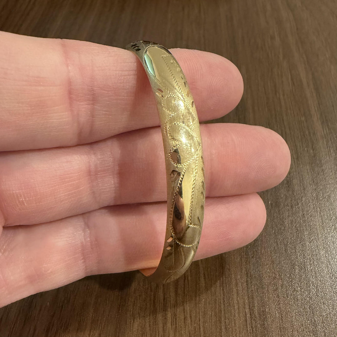 14k Yellow Gold 9.8g Vintage 8mm Floral Bangle Bracelet 6.75"