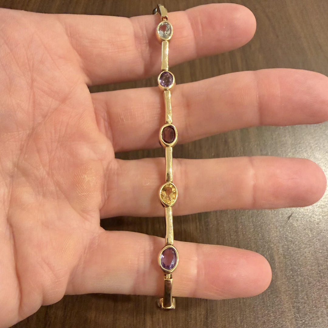 14k Yellow Gold 10.7g Oval Cut Bezel Set Multi Gemstone Bar Link Bracelet 6.5"