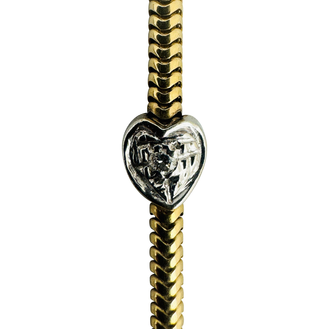 14k Yellow Gold and White Gold Diamond Heart Station Snake Link Anklet 10"