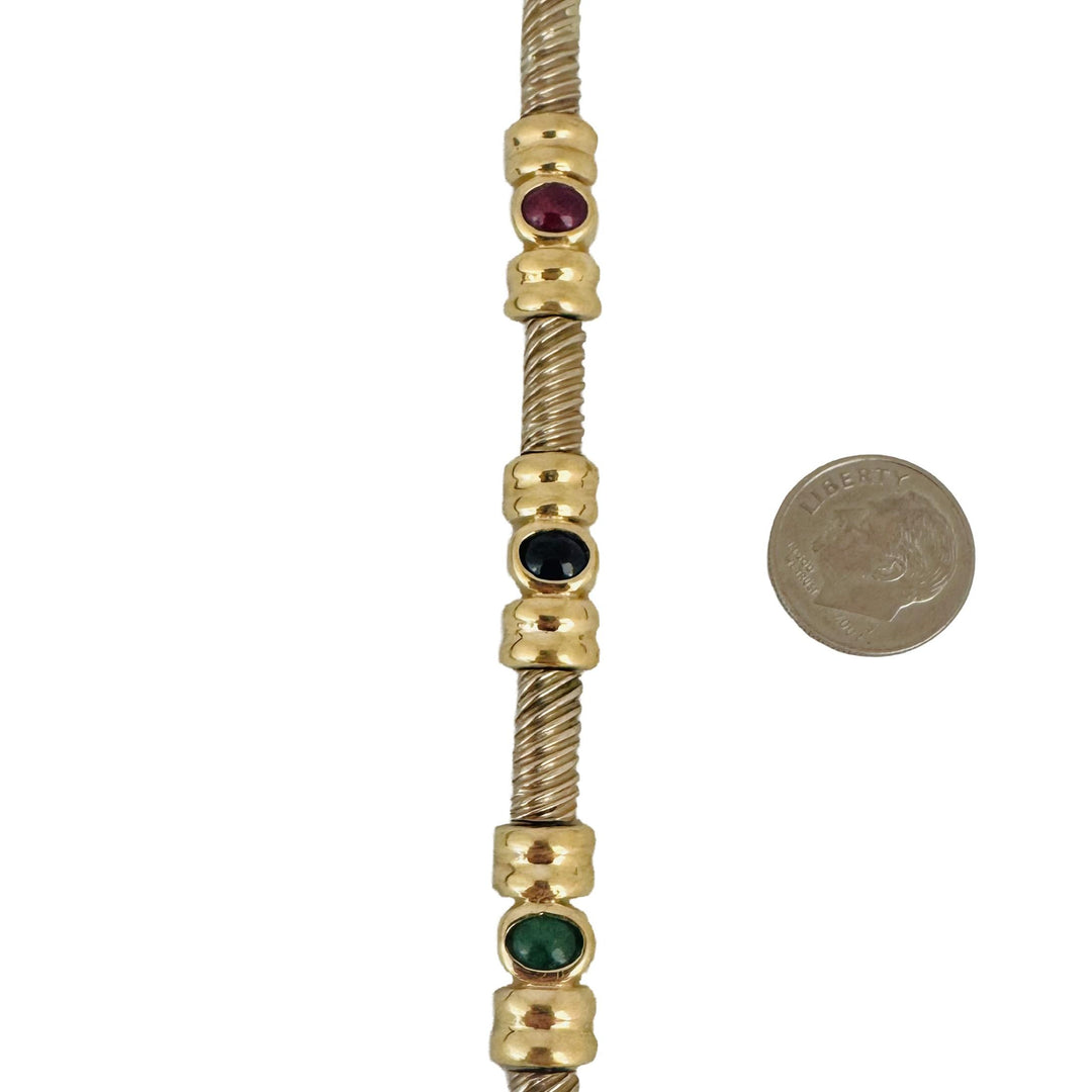 14k Yellow Gold 23.5g Bezel Set Cabochon Multi Gemstone Bar Link Bracelet 7.5"