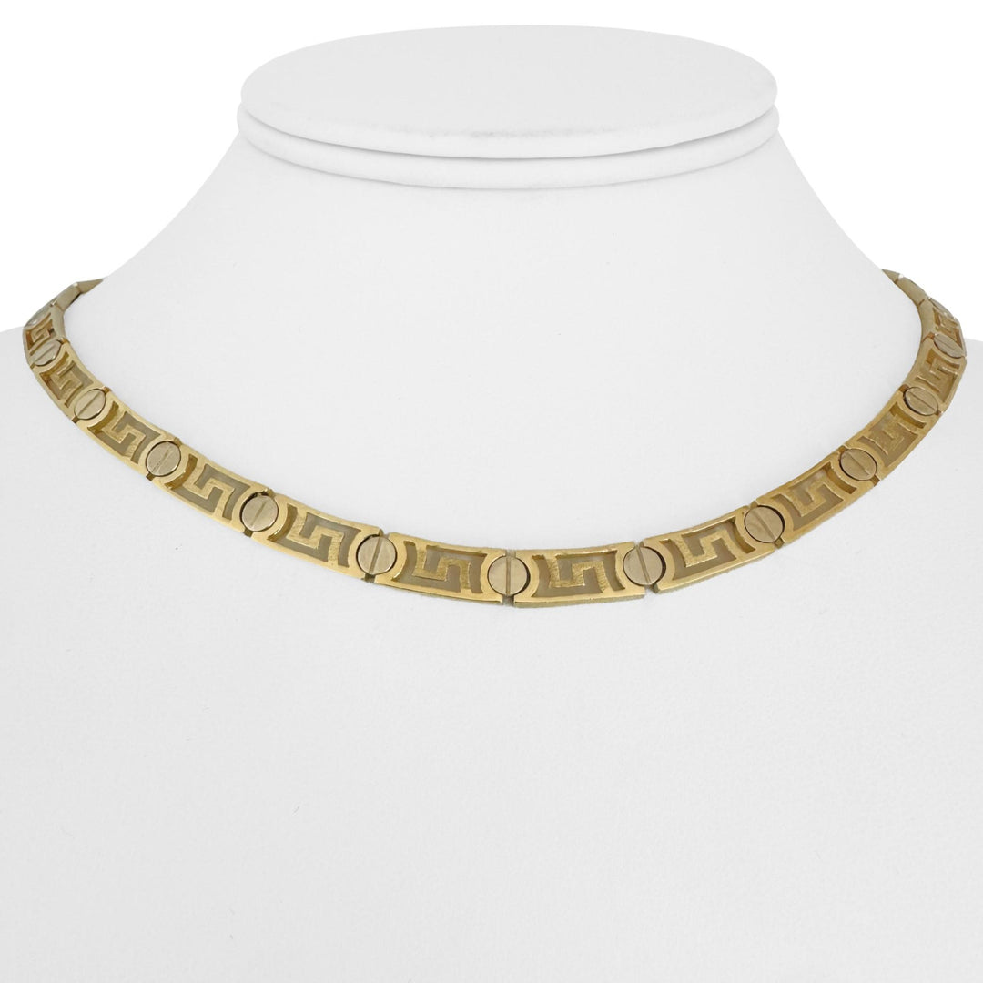 14k Yellow and White Gold 24g Ladies Screw Motif Greek Key Link Necklace 15.5"