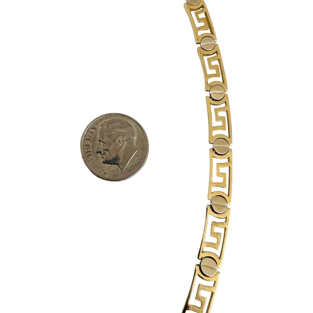 14k Yellow and White Gold 24g Ladies Screw Motif Greek Key Link Necklace 15.5"