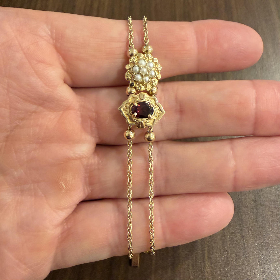 14k Yellow Gold 9.6g Ladies Garnet and Pearl Two Slide Charm Bracelet 7"