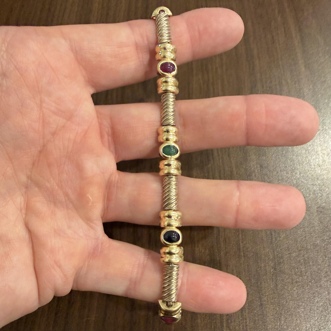 14k Yellow Gold 23.5g Bezel Set Cabochon Multi Gemstone Bar Link Bracelet 7.5"