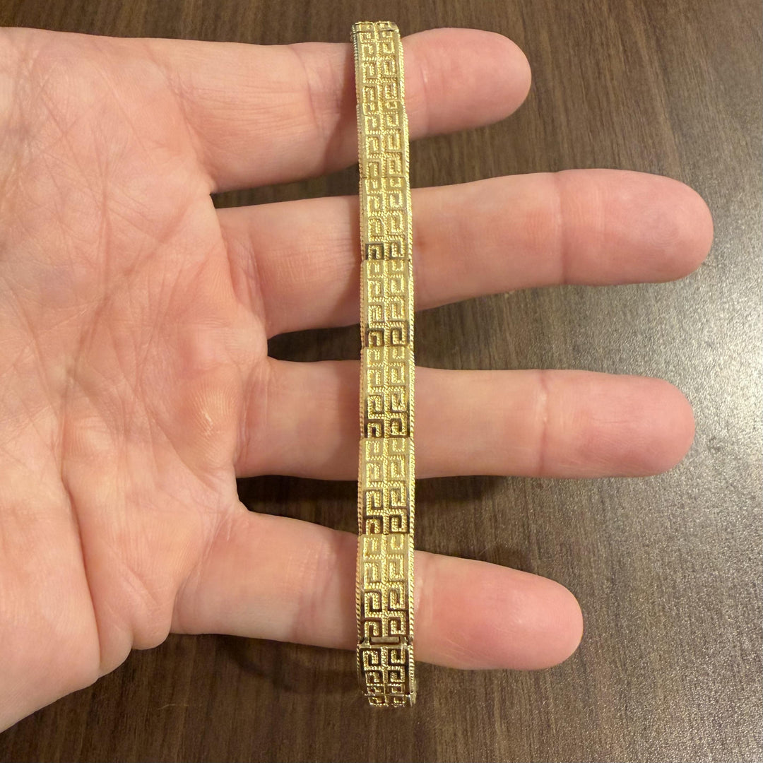 14k Yellow Gold 22.4g Solid Vintage 9mm Greek Key Panel Link Bracelet 7.25"
