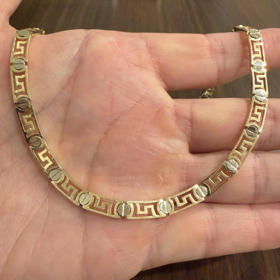 14k Yellow and White Gold 24g Ladies Screw Motif Greek Key Link Necklace 15.5"