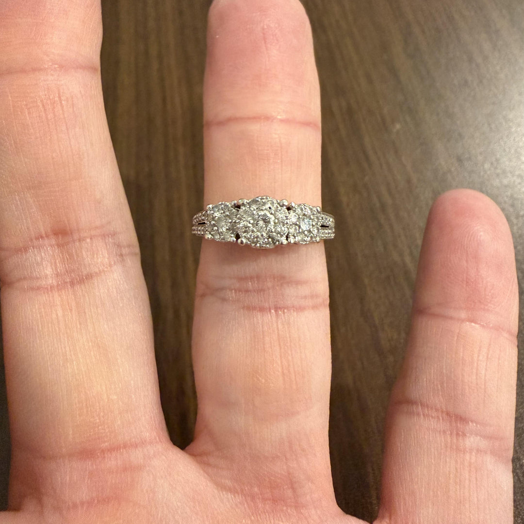 10k White Gold and 1cttw Diamond Three Diamond Halo Ring Size 7.75