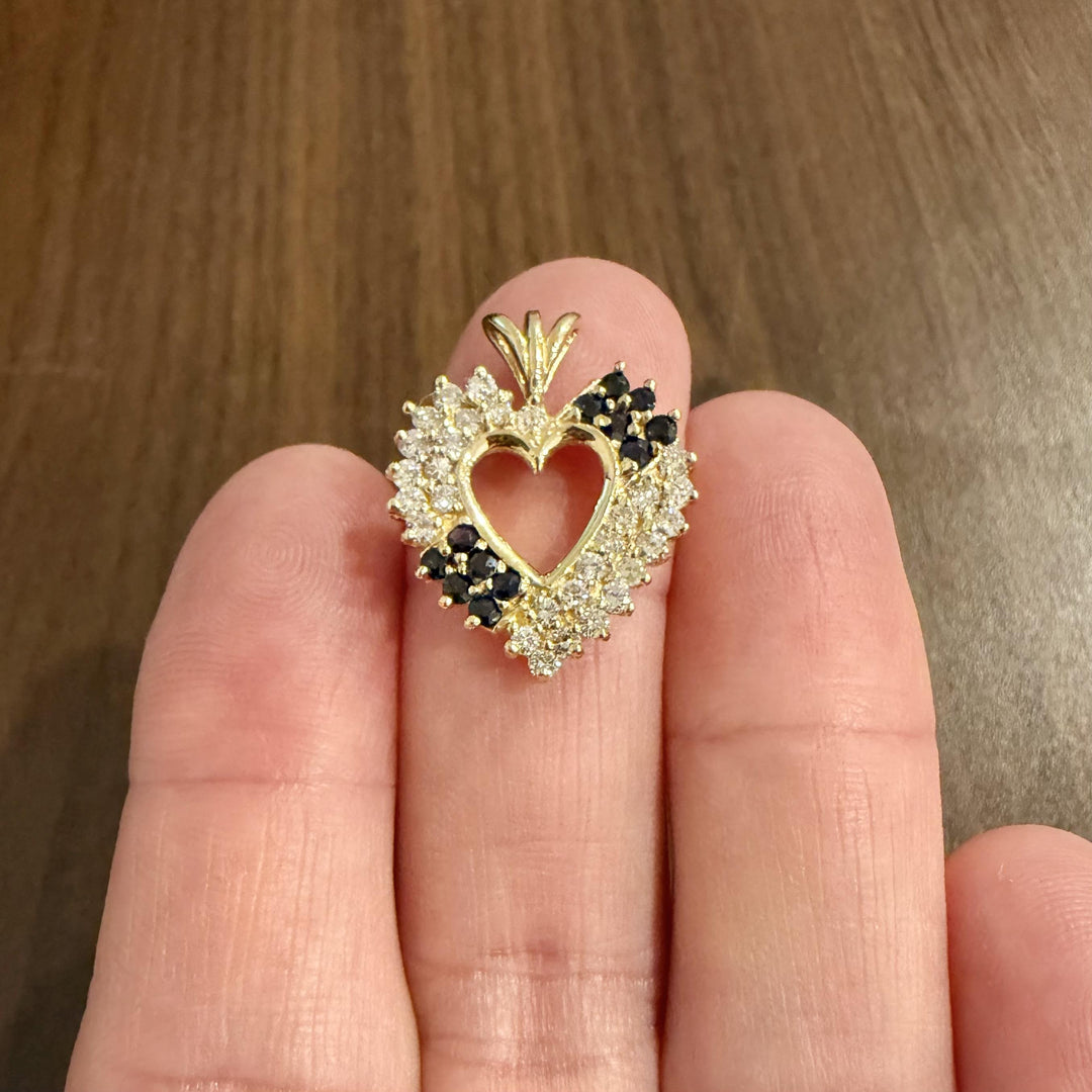 14k Yellow Gold Sapphire and 0.60cttw Diamond Vintage Heart Pendant 1"