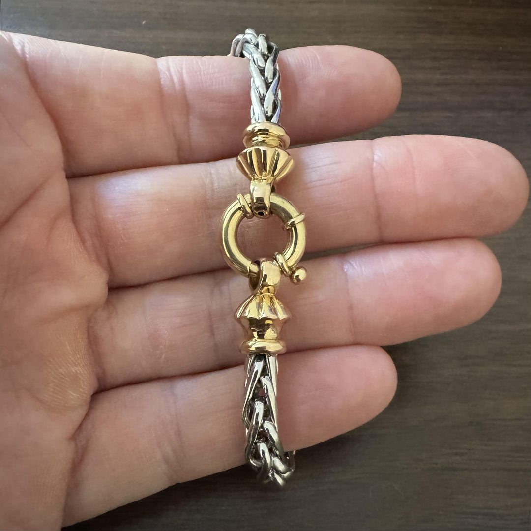 14k White and Yellow Gold 11.8g Two Tone Wheat Bracelet Italy 7.5"