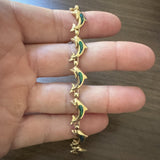 14k Yellow Gold and Opal 16.5g Solid Dolphin Link Bracelet 7"