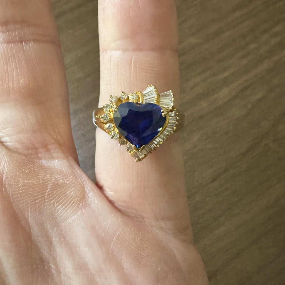 14k Yellow Gold Blue Sapphire and 0.80cttw Diamond Heart Ring Size 7