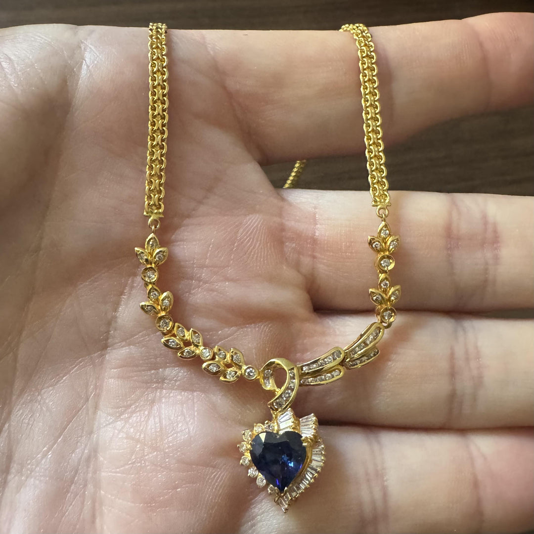 14k Yellow Gold Blue Sapphire & 1.8cttw Diamond Heart Pendant Necklace Italy 18"