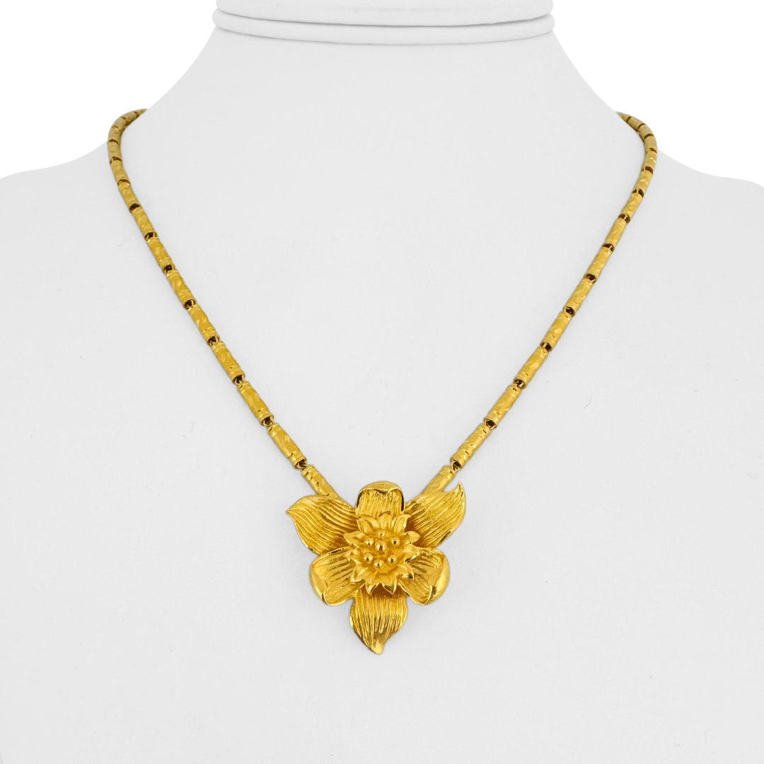 24k Pure Yellow Gold 23.6g Solid Barrel Link Floral Pendant Necklace 18"