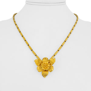 24k Pure Yellow Gold 23.6g Solid Barrel Link Floral Pendant Necklace 18"