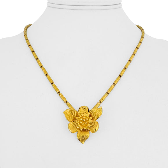 24k Pure Yellow Gold 23.6g Solid Barrel Link Floral Pendant Necklace 18