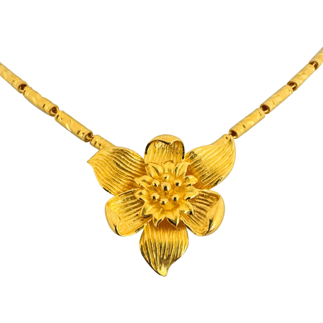 24k Pure Yellow Gold 23.6g Solid Barrel Link Floral Pendant Necklace 18"