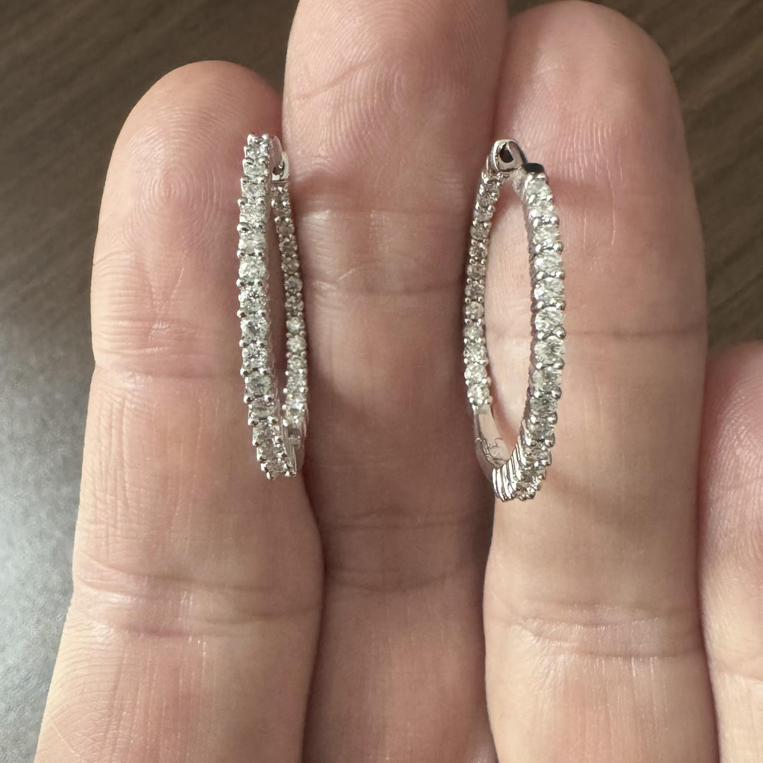 14k White Gold and 1cttw Diamond Inside Out Hoop Earrings 1"