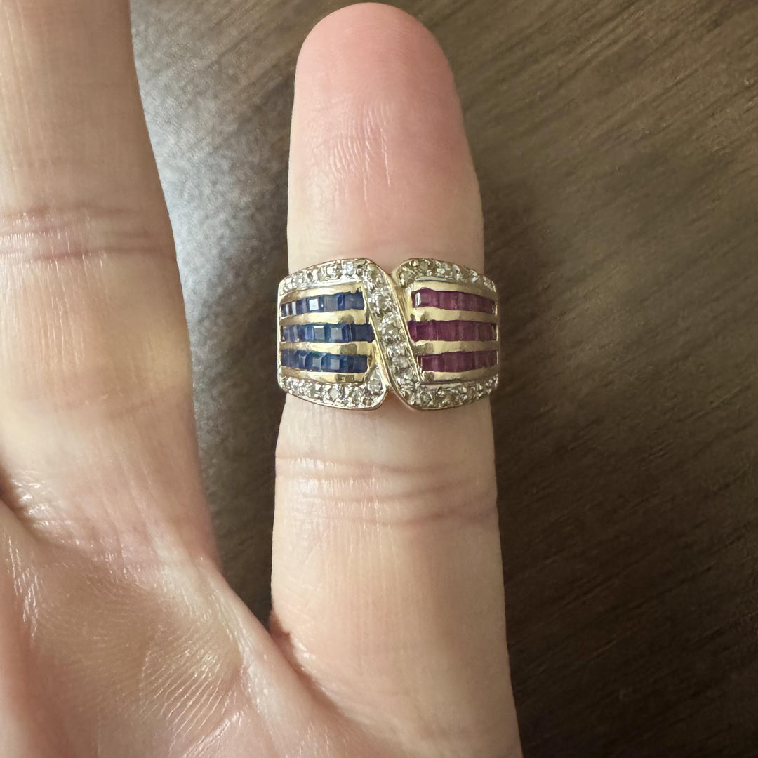 14k Yellow Gold Ruby Sapphire and Diamond Ladies Ring Size 3.75
