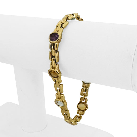 14k Yellow Gold 18g Bezel Set Multi Gemstone 10mm Panther Link Bracelet 8