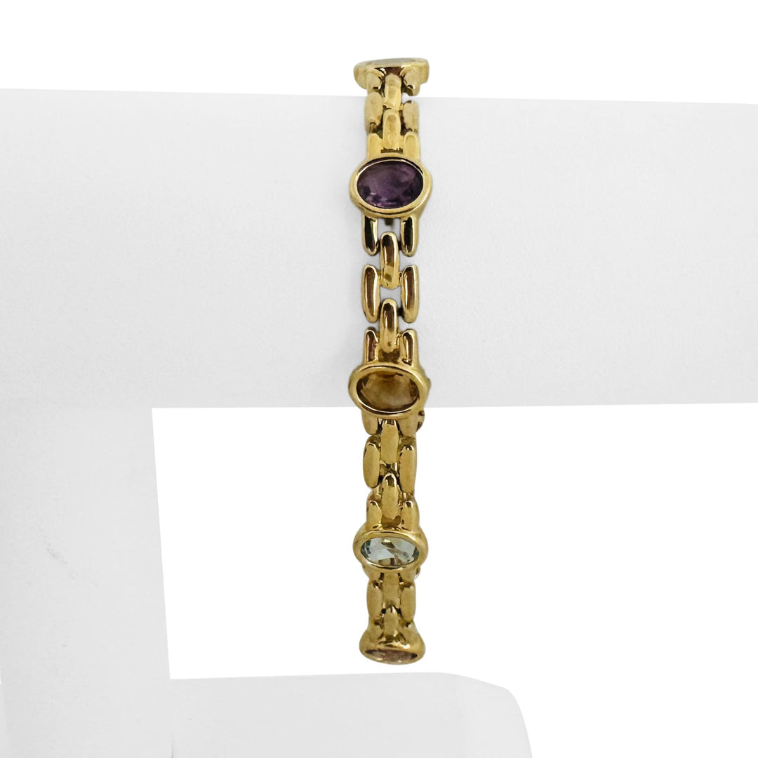14k Yellow Gold 18g Bezel Set Multi Gemstone 10mm Panther Link Bracelet 8"