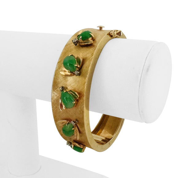 14k Yellow Gold Cabochon Jade and Diamond 45.4g Heavy Bangle Bracelet 6.75