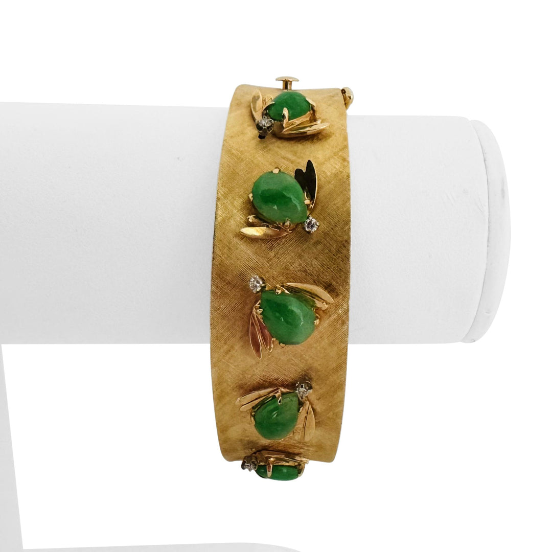 14k Yellow Gold Cabochon Jade and Diamond 45.4g Heavy Bangle Bracelet 6.75"