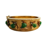 14k Yellow Gold Cabochon Jade and Diamond 45.4g Heavy Bangle Bracelet 6.75"
