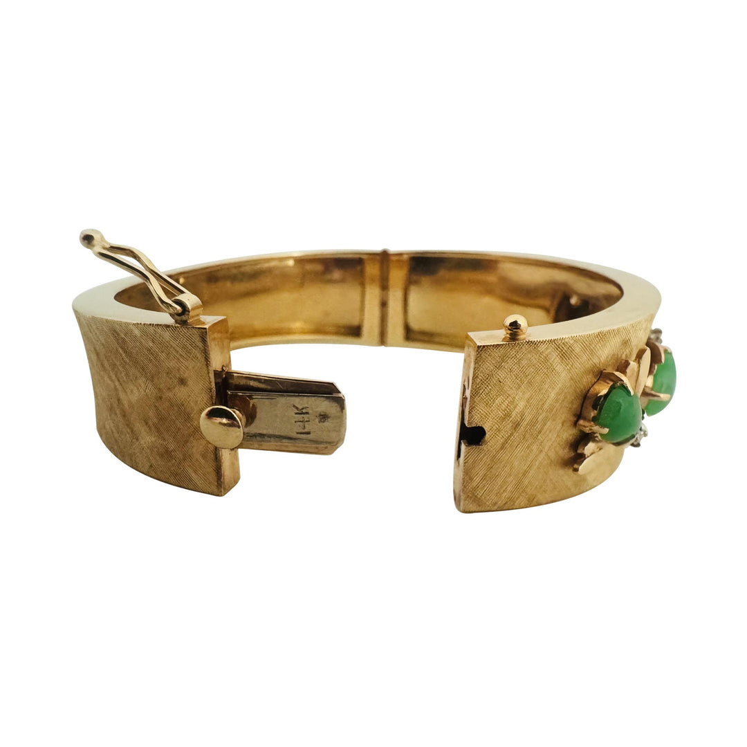 14k Yellow Gold Cabochon Jade and Diamond 45.4g Heavy Bangle Bracelet 6.75"