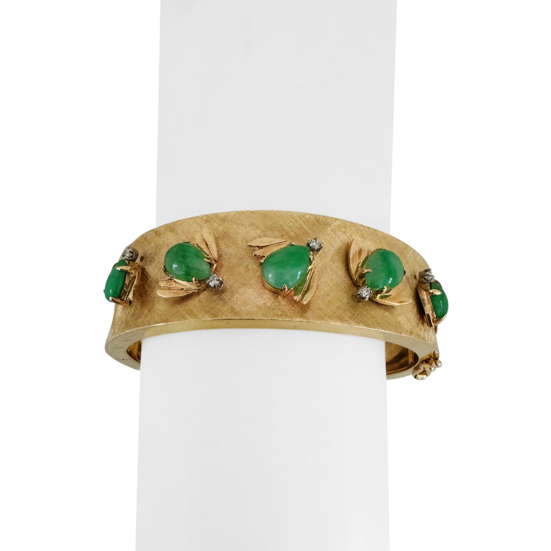 14k Yellow Gold Cabochon Jade and Diamond 45.4g Heavy Bangle Bracelet 6.75"