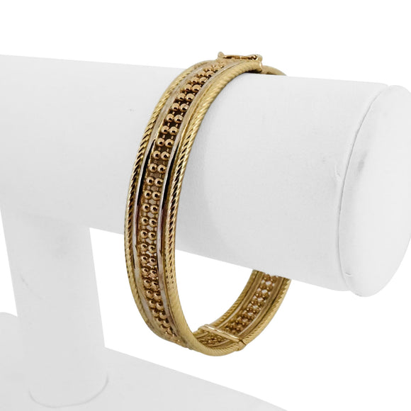 14k Yellow and White Gold 16.2g Solid Ladies Fancy Beaded Bangle Bracelet 7