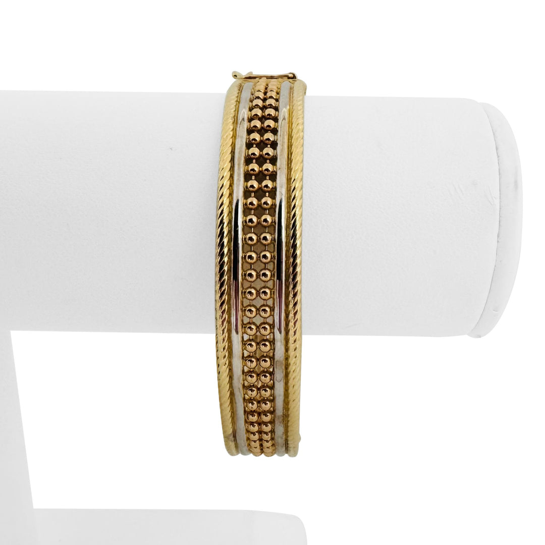 14k Yellow and White Gold 16.2g Solid Ladies Fancy Beaded Bangle Bracelet 7"