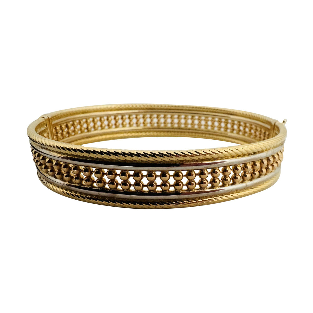 14k Yellow and White Gold 16.2g Solid Ladies Fancy Beaded Bangle Bracelet 7"