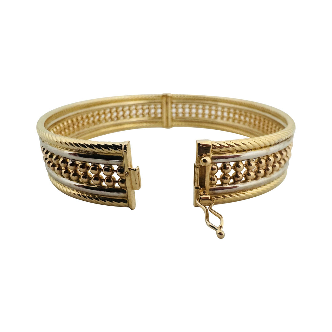14k Yellow and White Gold 16.2g Solid Ladies Fancy Beaded Bangle Bracelet 7"