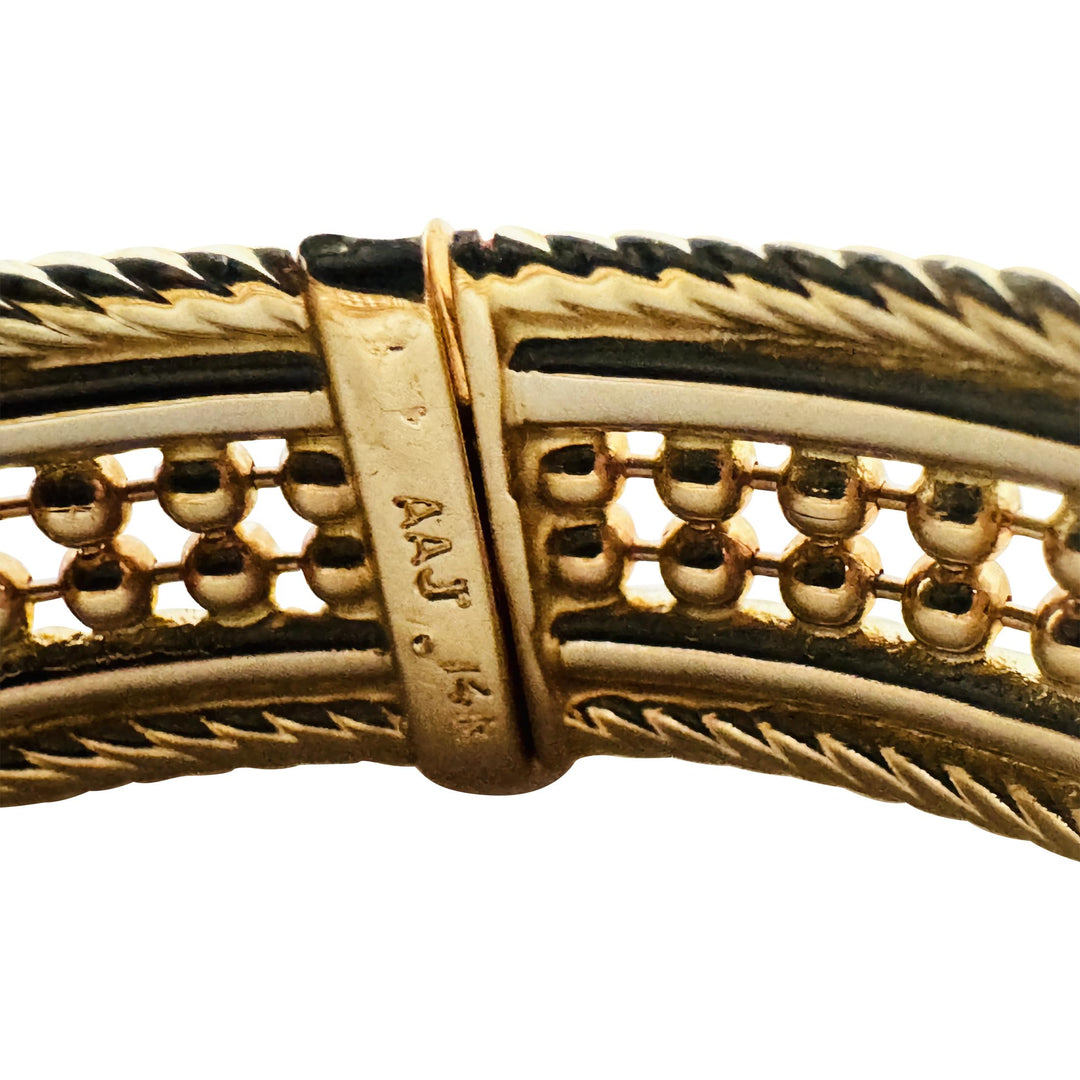 14k Yellow and White Gold 16.2g Solid Ladies Fancy Beaded Bangle Bracelet 7"