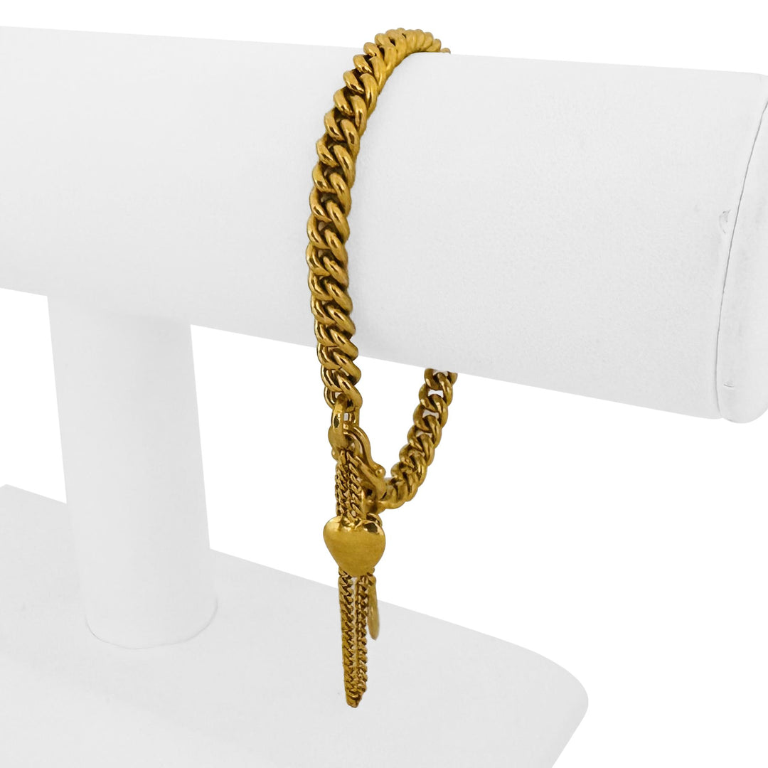24k Pure Yellow Gold 31g Solid Heavy Curb Link Bracelet with Heart Charms 6.5"