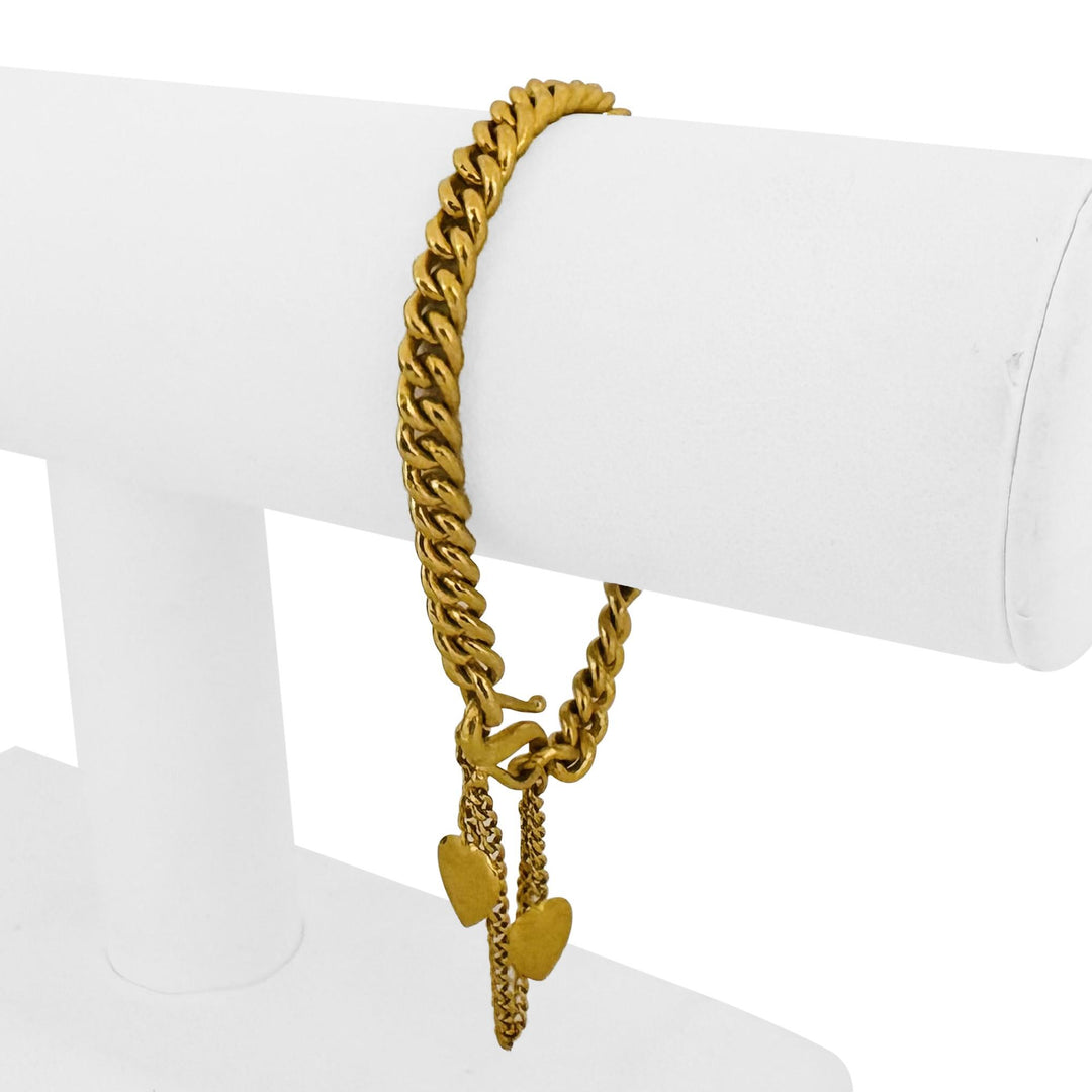 24k Pure Yellow Gold 30g Solid Heavy Curb Link Bracelet with Heart Charms 6.5"