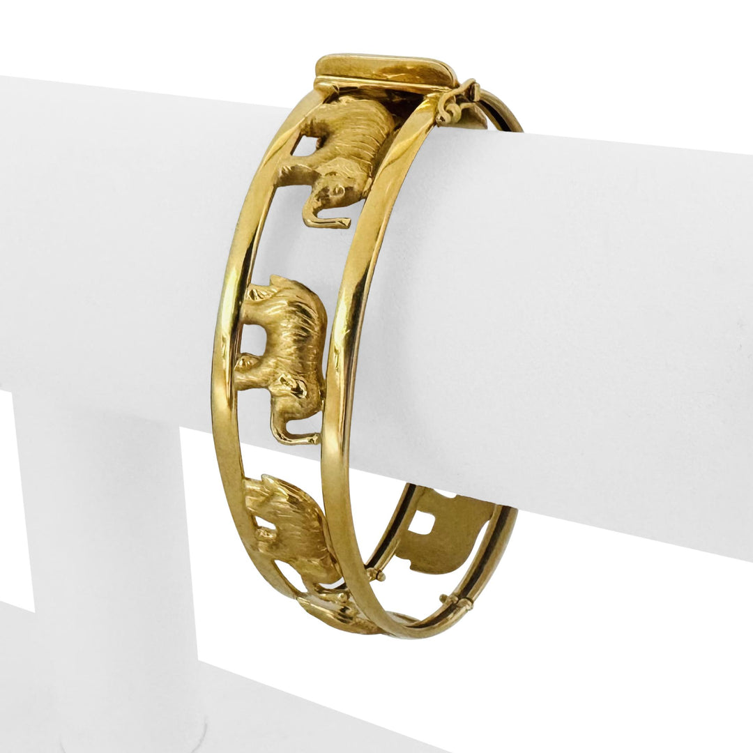 18k Yellow Gold 22g Ladies Elephant Motif 17mm Oval Bangle Bracelet Italy 6.75"