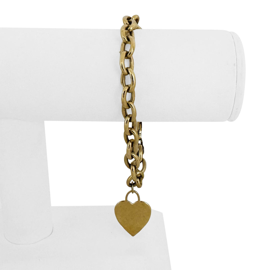 14k Yellow Gold 10g Hollow Cable Link Bracelet with Heart Charm 7.25"