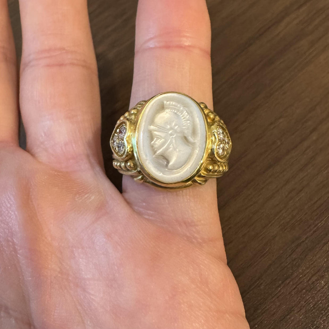 Judith Ripka 18k Yellow Gold Mother of Pearl and Diamond Intaglio Ring Size 9