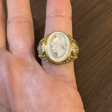 Judith Ripka 18k Yellow Gold Mother of Pearl and Diamond Intaglio Ring Size 9