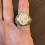 Judith Ripka 18k Yellow Gold Mother of Pearl and Diamond Intaglio Ring Size 9