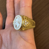 Judith Ripka 18k Yellow Gold Mother of Pearl and Diamond Intaglio Ring Size 9