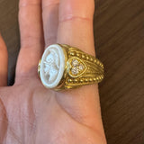 Judith Ripka 18k Yellow Gold Mother of Pearl and Diamond Intaglio Ring Size 9