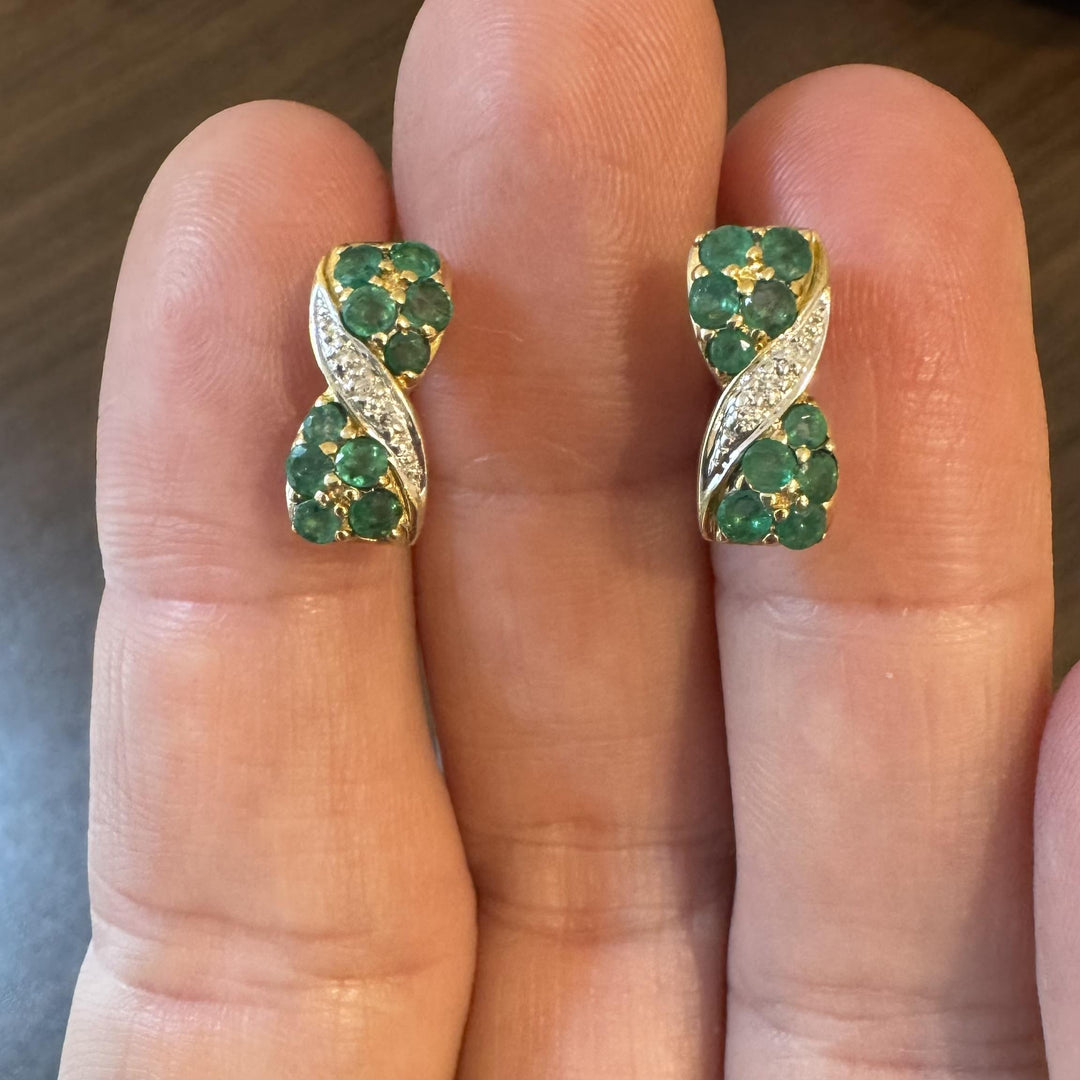14k Yellow Gold Emerald and Diamond Ribbon Stud Earrings