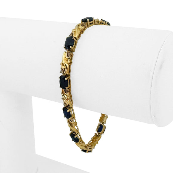 14k Yellow Gold Blue Sapphire and Diamond Ladies Link Bracelet 6.5
