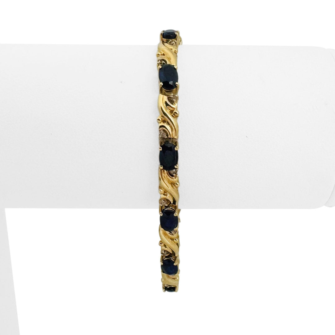 14k Yellow Gold Blue Sapphire and Diamond Ladies Link Bracelet 6.5"